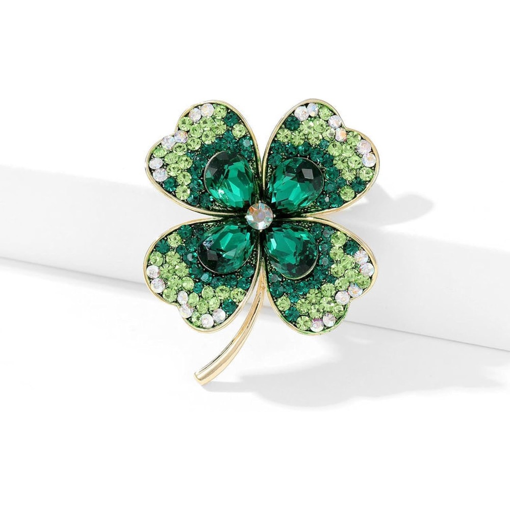 NEW Rhinestone Green Clover Brooch Pin Women Gold Plated Vintage Crystal Flower